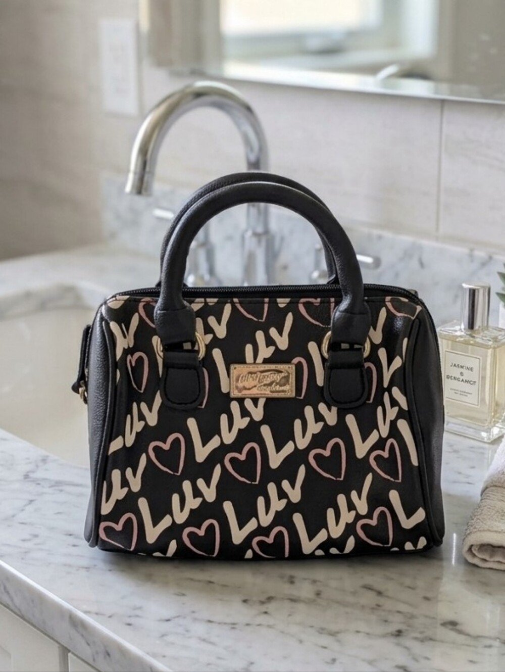 Betsey Johnson Black Cosmetic Bag with Pink and Cream Heart Luv Print